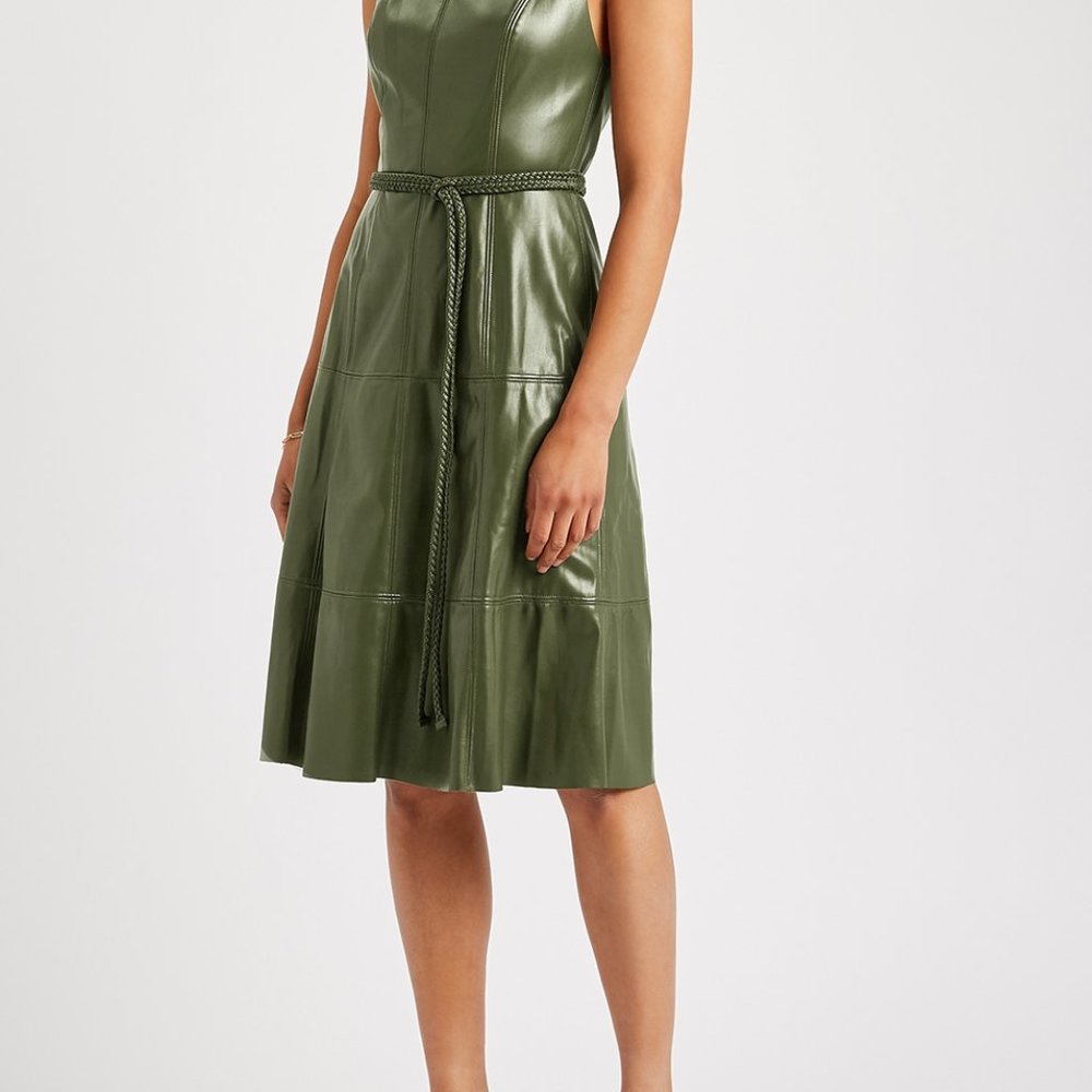 Alice + Olivia Leandra Vegan-Leather olive green midi dress NWT